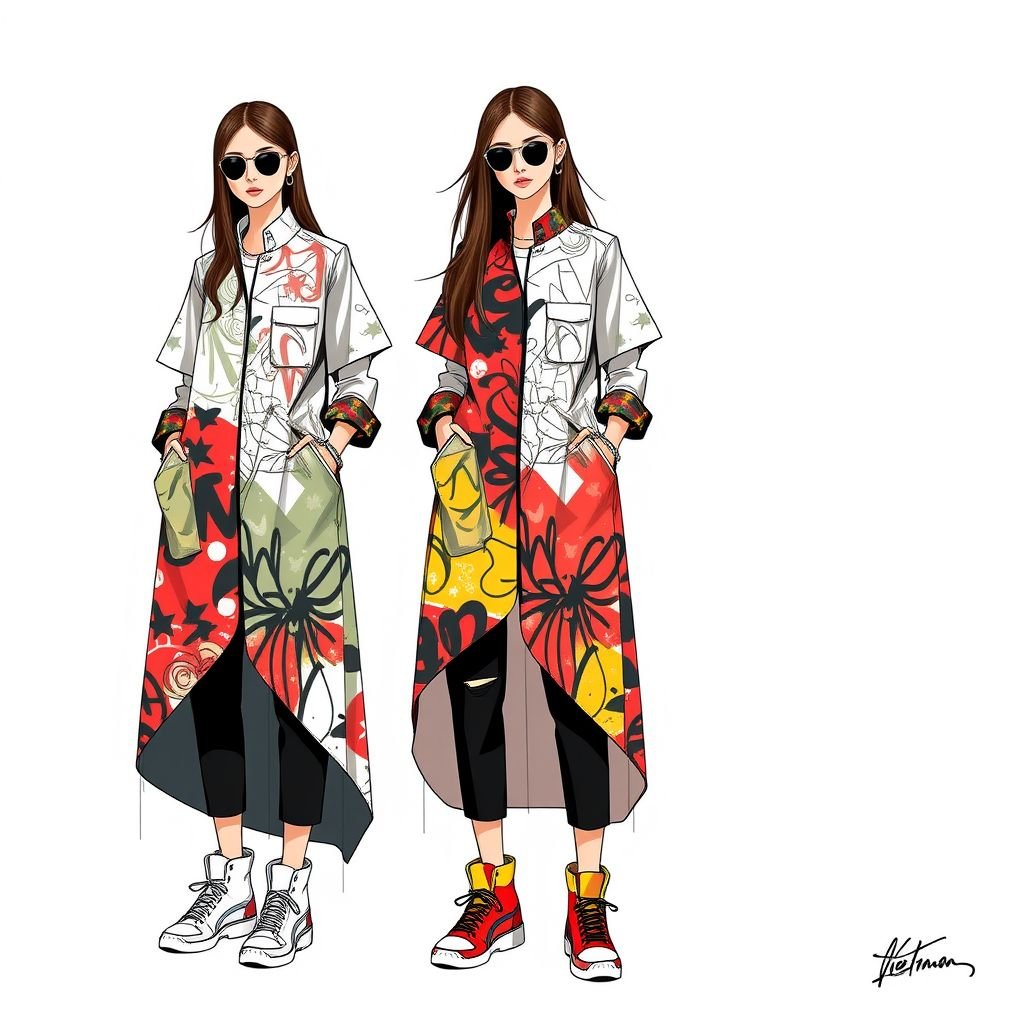 Áo dài VietNam ,
Design a modern urban twist on the traditional Áo Dài of Vietnam. Envision a sleek, asymmetrical silhouette in breathable, lightweight fabric adorned with graffiti-inspired patterns. Incorporate oversized pockets and high-top sneakers for a street style edge. Play with bold colors and layered textures to capture the vibrancy of city life.