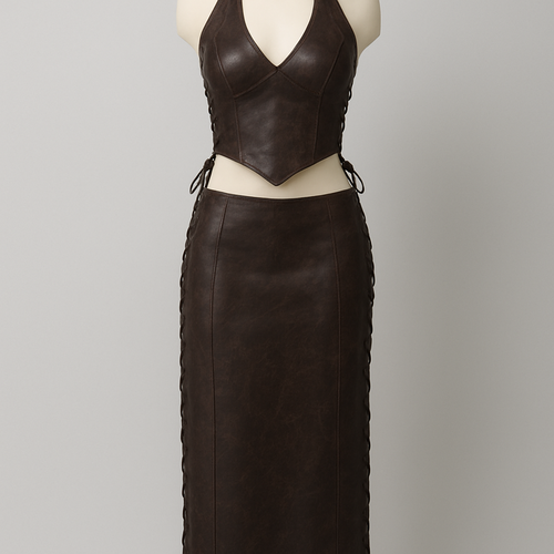 Leather full length maxi skirt dark brown colour with slight marble design
Criss cross laces up each side
Make skirt straight
Add matching corset top with halter neck and dipped curved hem with laces up each side
Remove cup details
Make v neck
Make skirt lower waist to show end of torso
