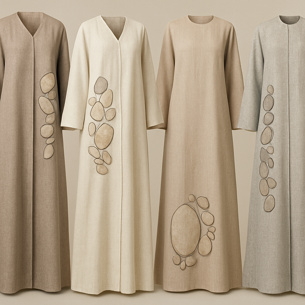 Create a modest two-piece linen abaya, the first of its kind, featuring a unique stone design that exudes a classy and sophisticated vibe. I’d like four designs, each showcasing different styles and fabrics. Incorporate high-end, unique chic stone designs to make them truly special. Add little sophisticated stone designs.

Create a modest two-piece linen abaya, the first of its kind, featuring a unique stone design that exudes a classy and sophisticated vibe. I’d like four designs, each showcasing different styles and fabrics. Incorporate high-end, unique chic stone designs to make them truly special. Add little sophisticated stone designs.