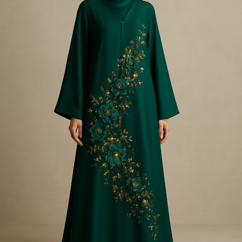 Create me an abaya based on these descriptions.             The Emerald Garden Abaya
Tone: Rich Emerald Green
Design:
Couture floral appliqués in emerald and gold, softly arranged diagonally from waist to hem.
Embellishment:
Hand-set gold crystals and glass beads woven within the flowers.
Vibe:
Regal, graceful, soft shine.
