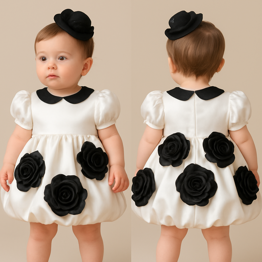 一歳の女の子着用画
白のサテンドレス、襟は丸くて黒、バルーンスカートで丈は膝上
パフスリーブ(ボリュームあり)
サテンの黒の大きなバラを前側と後ろ側にたくさんつけて
頭には黒のカクテルハット
一歳の女の子着用画
白のサテンドレス、襟は丸くて黒、バルーンスカートで丈は膝上
パフスリーブ(ボリュームあり)
サテンの黒の大きなバラを前側と後ろ側にたくさんつけて
頭には黒のカクテルハット
, show front and back