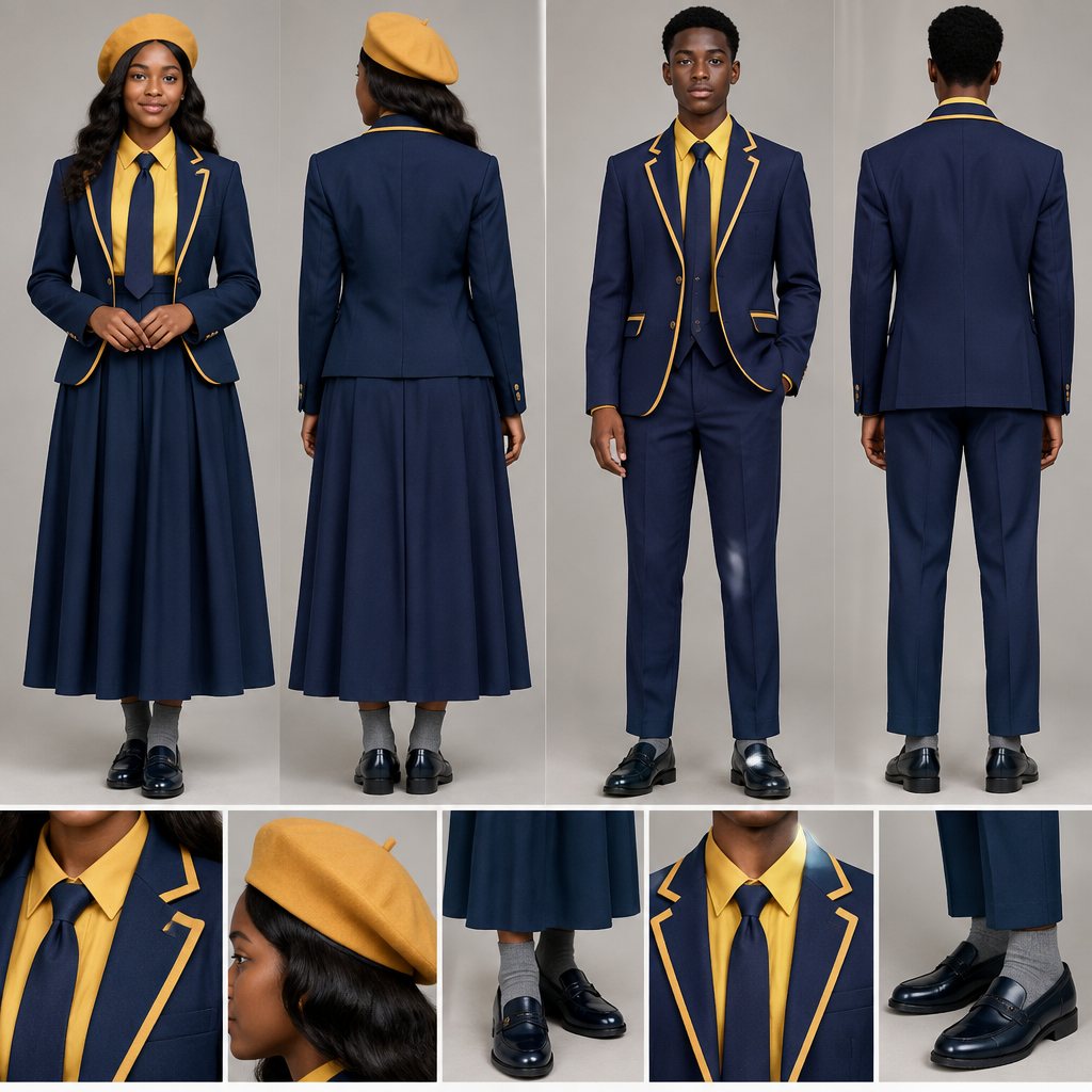 photorealistic fashion design, photorealistic fashion design, A Male Top design, with modest, full coverage: longer hemlines, higher necklines and covered shoulders, suitable for Fall. Design a blue baseball jacket with golden yellow accents. Blue arms. For both male and female. Use black teenagers as models.
A fit flare dress top half golden yellow and bottom half blue, it must almost reach ankles. A golden yellow barrett. Grey socks. For the female.
A blue relaxed trouser, reaching ankles. A golden yellow shirt. A blue tie and grey socks. For the male
Nice black school shoes for both. Use navy blue. Both must be wearing baseball jacket Present it as professional fashion catalogue photography: the garment is the subject, shown full-length with editorial styling, neutral posing and tasteful, non-suggestive framing., just the design no text, show front and back. Refinement: blue tie for female also , just the design no text. Refinement: replace jackets with blazers and keep color schemes
photorealistic fashion design, photorealistic fashion design, photorealistic fashion design, A Male Top design, with modest, full coverage: longer hemlines, higher necklines and covered shoulders, suitable for Fall. Design a blue baseball jacket with golden yellow accents. Blue arms. For both male and female. Use black teenagers as models.
A fit flare dress top half golden yellow and bottom half blue, it must almost reach ankles. A golden yellow barrett. Grey socks. For the female.
A blue relaxed trouser, reaching ankles. A golden yellow shirt. A blue tie and grey socks. For the male
Nice black school shoes for both. Use navy blue. Both must be wearing baseball jacket Present it as professional fashion catalogue photography: the garment is the subject, shown full-length with editorial styling, neutral posing and tasteful, non-suggestive framing., just the design no text, show front and back. Refinement: blue tie for female also , just the design no text. Refinement: replace jackets with blazers and keep color schemes , just the design no text