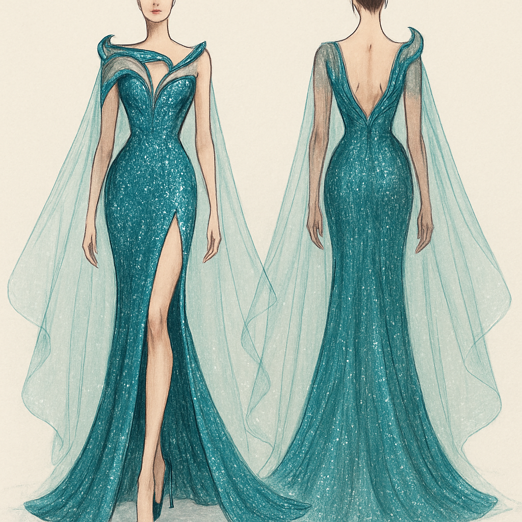 Help me design a pageant gown that is form fitted with a slit and a unique neckline, make it teal and extremely sparkly and ornate, give it abstract shape with a sheer cape.
Help me design a pageant gown that is form fitted with a slit and a unique neckline, make it teal and extremely sparkly and ornate, give it abstract shape with a sheer cape.
, show front and back