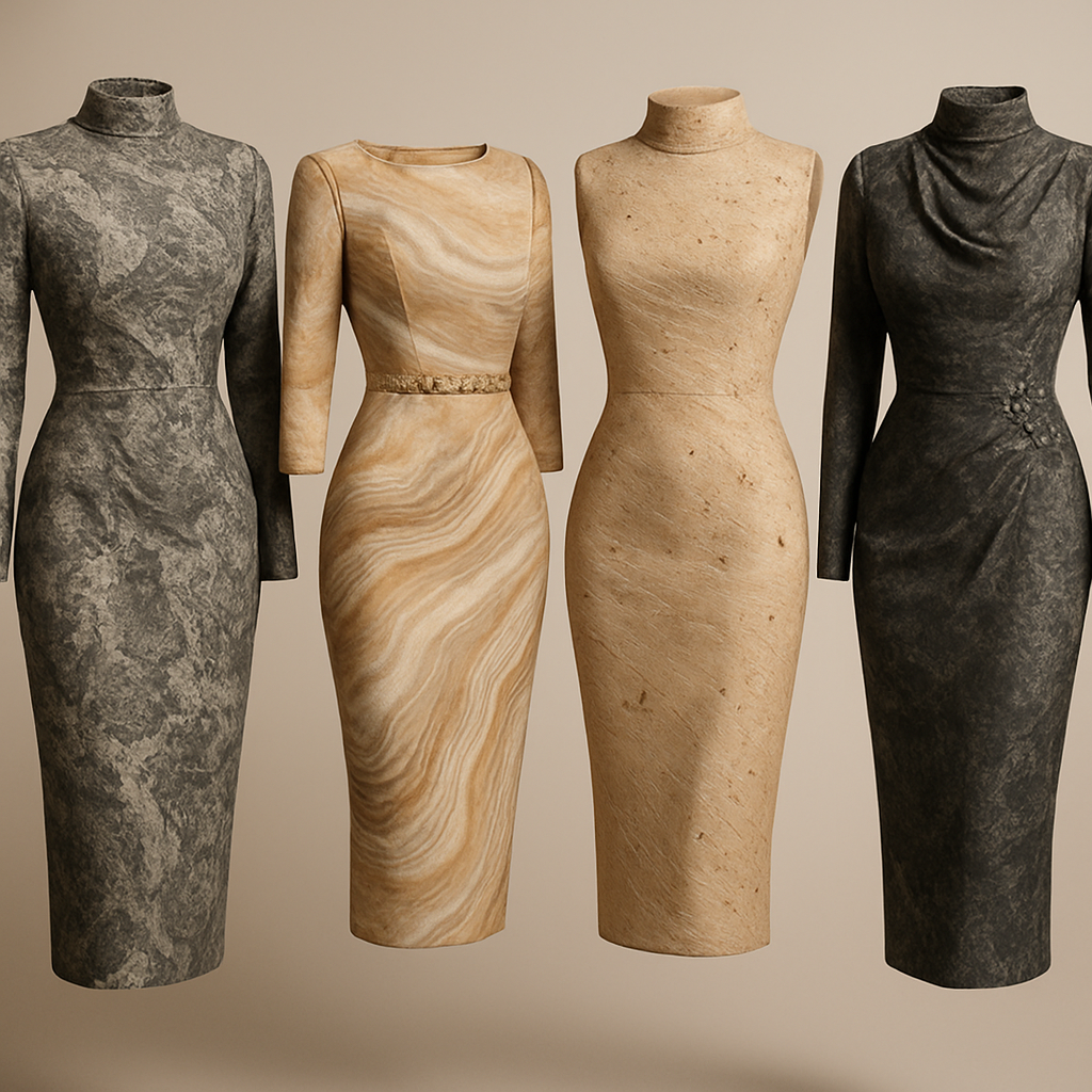 Create a modest sexy elegant fittted dress, the first of its kind, featuring a unique stone design that exudes a classy and sophisticated vibe. I'd like four designs, each showcasing different styles and fabrics. Incorporate high-end, unique chic stone designs to make them truly special. Add little sophisticated stone designs.
Create a modest sexy elegant fittted dress, the first of its kind, featuring a unique stone design that exudes a classy and sophisticated vibe. I'd like four designs, each showcasing different styles and fabrics. Incorporate high-end, unique chic stone designs to make them truly special. Add little sophisticated stone designs.