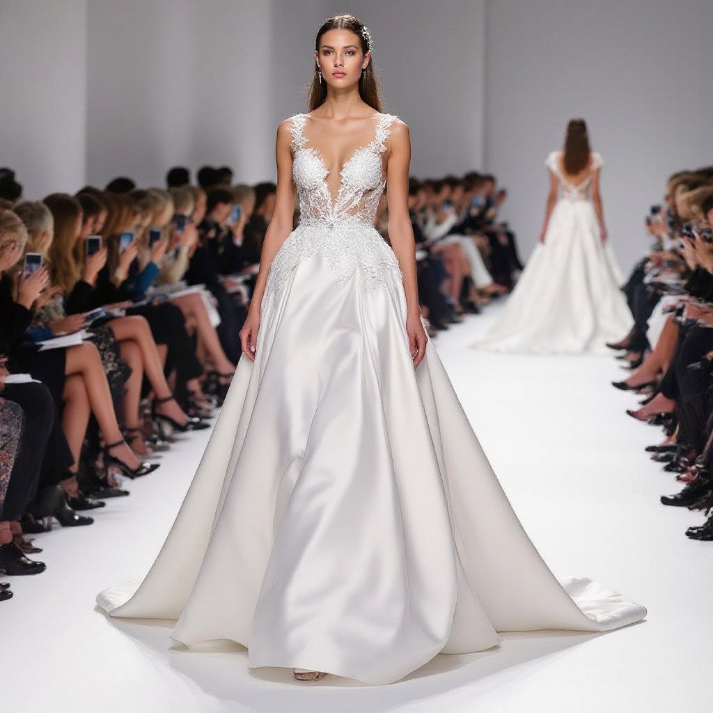 Couture
Couture gown in luxurious silk, A-line cut, with delicate hand-embroidered details on the bodice and a sweeping train.
