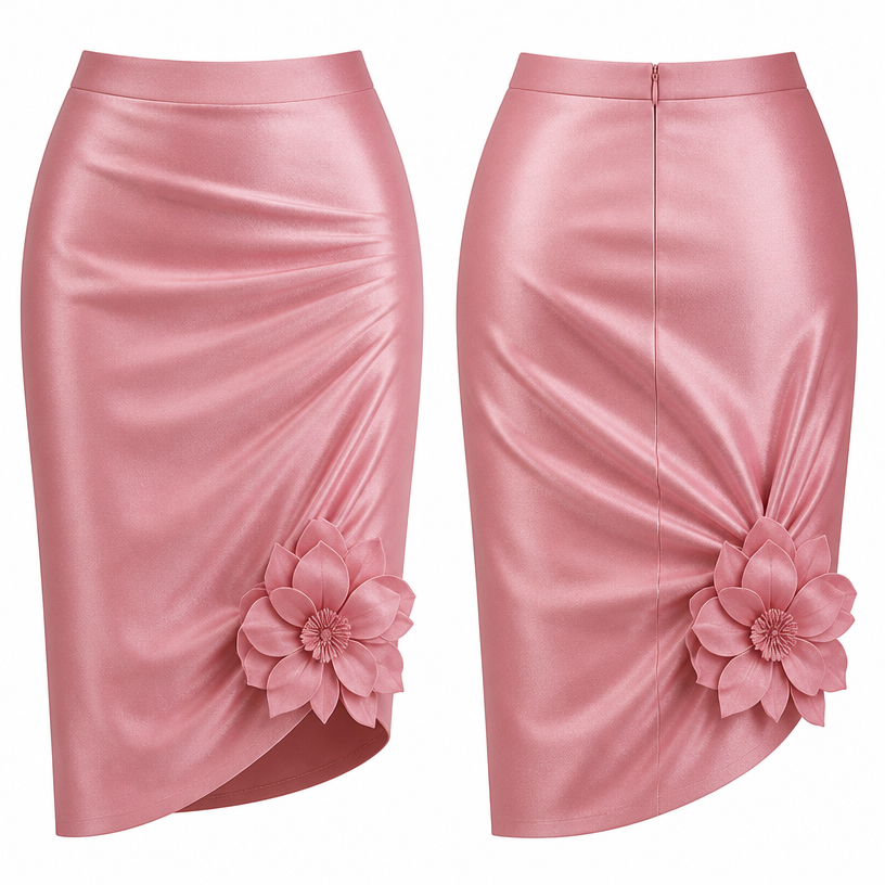 Pink silk short maxi skirt with 3d flower on the end right round
edit the attached fashion design with these instructions: Pink silk short maxi skirt with 3d flower on the end right round. keep it photorealistic, just the design no text