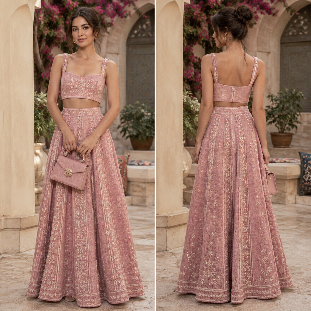 A Female Lehenga design, made of Wool, with a soft, cosy hand, with a Fitted silhouette, with a minimal-coverage cut, for Date Night, suitable for Summer, suited to a Temperate climate, in Preppy + Grandmacore + Barbiecore style, shown on a model with a petite figure. Tunisia fashion aesthetics. Present it as professional fashion catalogue photography: the garment is the subject, shown full-length with editorial styling, neutral posing and tasteful, non-suggestive framing.
photorealistic fashion design, A Female Lehenga design, made of Wool, with a soft, cosy hand, with a Fitted silhouette, with a minimal-coverage cut, for Date Night, suitable for Summer, suited to a Temperate climate, in Preppy + Grandmacore + Barbiecore style, shown on a model with a petite figure. Tunisia fashion aesthetics. Present it as professional fashion catalogue photography: the garment is the subject, shown full-length with editorial styling, neutral posing and tasteful, non-suggestive framing., preppy style, just the design no text, show front and back