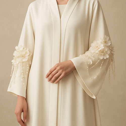 The Pearl Blossom Aura Abaya
Tone: Ivory or cream gold
Design:
Soft 3D blossoms around the sleeves, paired with delicate pearl strings hanging lightly.
Embellishment:
Creamy pearls + small champagne crystals.
Vibe: Bridal, gentle, luxurious purity.