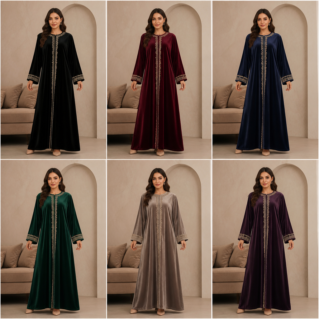 photorealistic fashion design, A Female Abaya design, with a Flared silhouette, with modest, full coverage: longer hemlines, higher necklines and covered shoulders, suitable for Winter, suited to a Cold climate. عايزه الجلابيه قطيفه اول حاجه تكون جلابيه بيتي حريمي الخامه قطيفه تكون مطعمه بالكوبير بتكون رائعه وشيك. Egypt fashion aesthetics. Present it as professional fashion catalogue photography: the garment is the subject, shown full-length with editorial styling, neutral posing and tasteful, non-suggestive framing., just the design no text. Refinement: عايزه من الجلابيه ديت اشوف كذا لون
photorealistic fashion design, photorealistic fashion design, A Female Abaya design, with a Flared silhouette, with modest, full coverage: longer hemlines, higher necklines and covered shoulders, suitable for Winter, suited to a Cold climate. عايزه الجلابيه قطيفه اول حاجه تكون جلابيه بيتي حريمي الخامه قطيفه تكون مطعمه بالكوبير بتكون رائعه وشيك. Egypt fashion aesthetics. Present it as professional fashion catalogue photography: the garment is the subject, shown full-length with editorial styling, neutral posing and tasteful, non-suggestive framing., just the design no text. Refinement: عايزه من الجلابيه ديت اشوف كذا لون, just the design no text