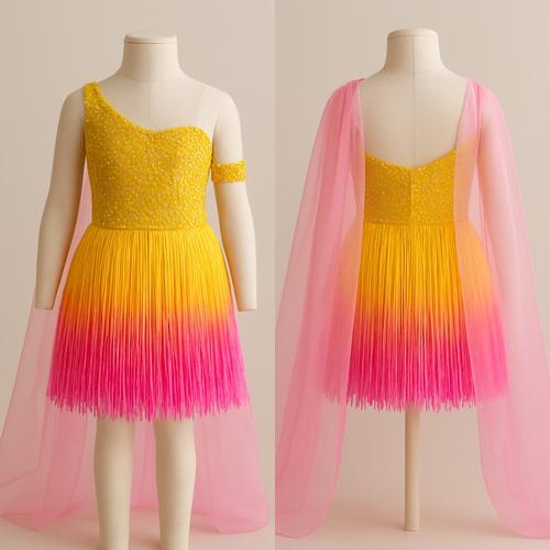 Yellow rhinestone beaded bodice with a ombré pink and yellow fringe skirt that is 5 inches above the knees and that looks like a dress with one yellow beaded arm cuff. Attached will be a pink organza cape that drapes past the feet for an 8 year old