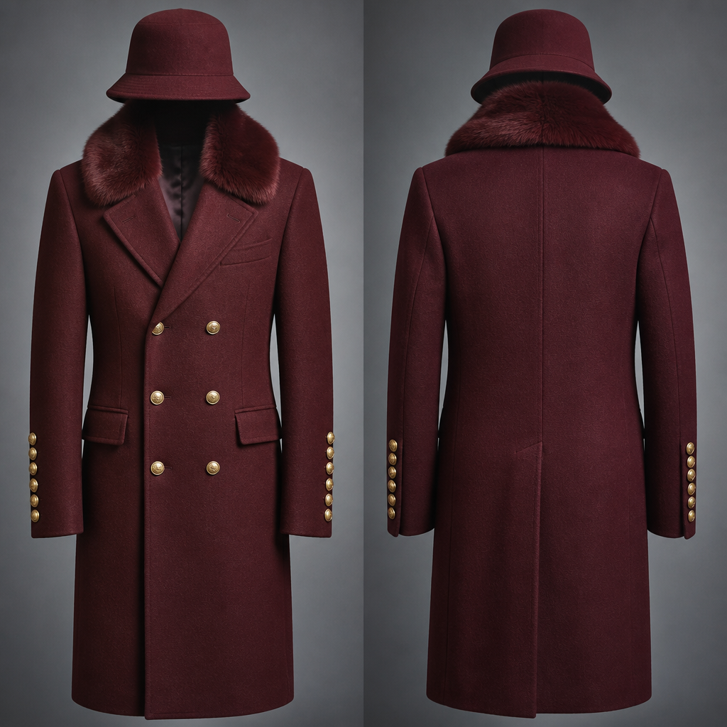 Men’s wool burgundy Long coat brass buttons six buttons on the sleeves and split in the back burgundy Fox collar burgundy wool bucket hat no model just outfit
photorealistic fashion design, Men’s wool burgundy Long coat brass buttons six buttons on the sleeves and split in the back burgundy Fox collar burgundy wool bucket hat no model just outfit , glamorous style, just the design no text, show front and back