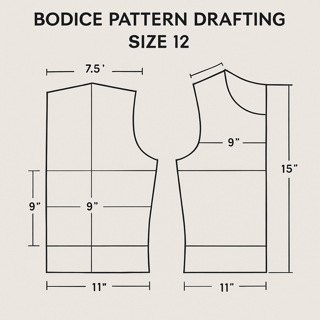 Create a bodice pattern drafting for size12 with measurements around the draft
Create a bodice pattern drafting for size12 with measurements around the draft