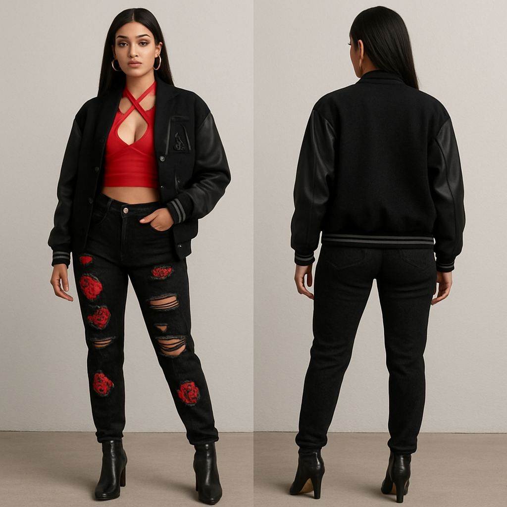 Red holster top black ripped jeans with red flowers on them black lettersman jacket boot heels gold earrings bracelet and rings gold chain on pants
Red holster top black ripped jeans with red flowers on them black lettersman jacket boot heels gold earrings bracelet and rings gold chain on pants , streetwear style, show front and back