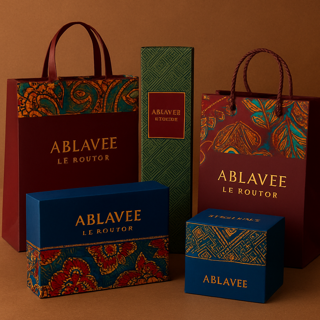 Make me 5 different unique, sophisticated packages materials for my clothing line ABLAVEE LE KOUTOR by making it first of its kind and chic. using Rich colors, Ankara prints, aso Oke prints and designs.

Make me 5 different unique, sophisticated packages materials for my clothing line ABLAVEE LE KOUTOR by making it first of its kind and chic. using Rich colors, Ankara prints, aso Oke prints and designs.