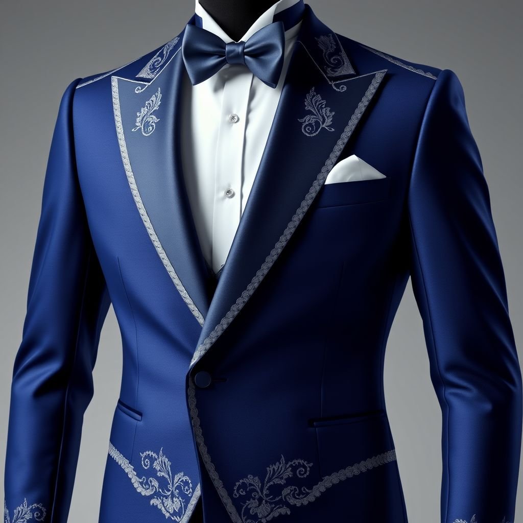 Wedding tuxedo with a deep sapphire and silver
Design an elegant wedding tuxedo featuring a deep sapphire satin finish, complemented by intricate silver embroidery along the lapels and cuffs. The tailored silhouette should exude sophistication, with a sleek, shaped waist and high-quality silk bow tie. Crisp white shirt cuffs peek elegantly from beneath the jacket, enhancing the formal allure.