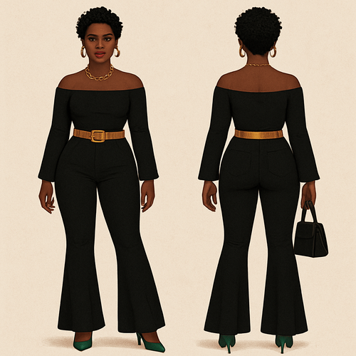 Black woman 
Short curls 
Gold jewelry
 gold belt 
Bell bottom pants shirt off the shoulders 
Green heels 
Black purse 


