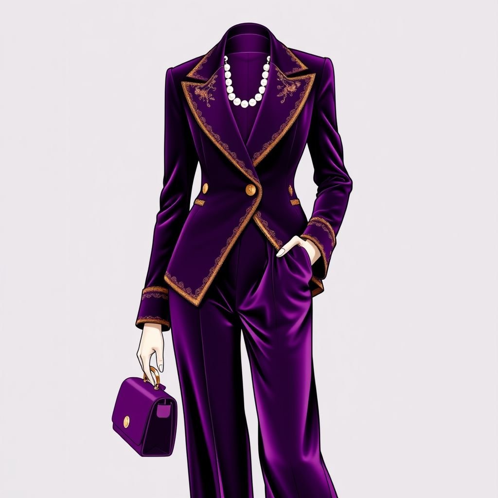 Velt purple suit
Design a luxurious velvet purple suit, exuding opulence with a tailored blazer featuring asymmetrical lapels and intricate gold embroidery along the edges. Pair it with high-waisted, wide-leg trousers that flow gracefully, incorporating an unexpected silk lining in a contrasting deep magenta. Complete the look with statement pearl accessories for bold elegance.