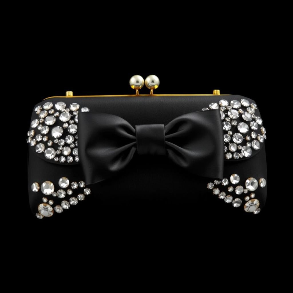 I want a bag design with full stones and black color design with bow
Design an opulent black evening bag embellished with shimmering, intricately arranged full stones that catch the light. The bag features an elegant satin bow clasp, exuding sophistication and charm. Its structured silhouette and gold accents complete the formal aesthetic, making it the perfect accessory for refined gala events and upscale soirées.