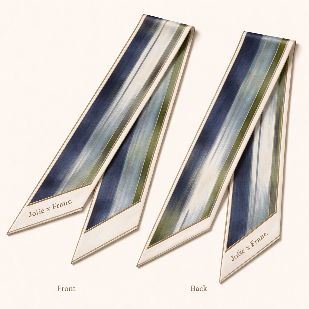 Design a 5cm x 86cm silk twill scarf for a luxury brand called Jolie Franc. The style combines American preppy structure, British tailoring, and subtle French Impressionist influence. Feature a refined, tailored stripe pattern softened by gentle, painterly transitions inspired by French Impressionism, not bold brushstrokes. Use a timeless, year-round color palette of warm ivory, inky navy, soft slate blue, and muted moss green with discreet antique gold accents. Include a thin framed border and hand-rolled edges. The design should feel elegant, structured, and artistic, instantly recognizable when wrapped around a Kelly-style bag handle or worn for refined day-to-evening occasions.
Design a 5cm x 86cm silk twill scarf for a luxury brand called Jolie Franc. The style combines American preppy structure, British tailoring, and subtle French Impressionist influence. Feature a refined, tailored stripe pattern softened by gentle, painterly transitions inspired by French Impressionism, not bold brushstrokes. Use a timeless, year-round color palette of warm ivory, inky navy, soft slate blue, and muted moss green with discreet antique gold accents. Include a thin framed border and hand-rolled edges. The design should feel elegant, structured, and artistic, instantly recognizable when wrapped around a Kelly-style bag handle or worn for refined day-to-evening occasions., classic style, show front and back