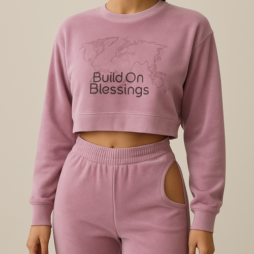 women’s velour tracksuit with open side hip asymmetrically cut with a cropped sweater cut in the same way. pastel mauve colour. The logo is - to be embroided saying “Build On Blessings” and the the words overlapping an outline of the world map or globe
- modern sans-serif with a better fit for every body type, detailed world map would be more intricate & eye catching for certain!