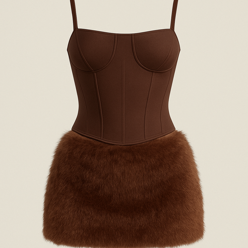 Can you show me a fluffy faux fur mini skirt low rise waist in brown
With a brown long line corset top with two thin straps and cup details tucked in seamlessly to look like a dress also in chocolate brown