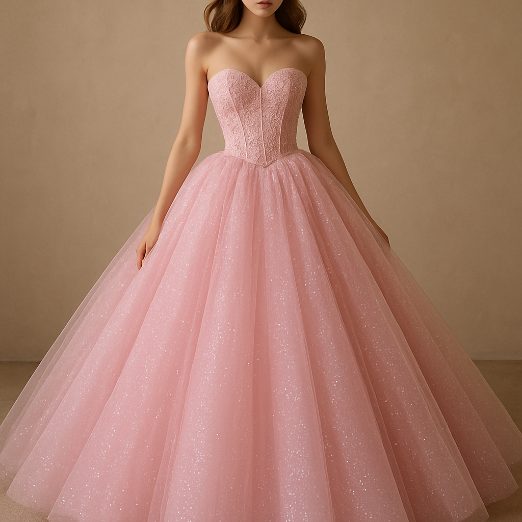 Baby pink long sparkly puffy prom 
dress with a strapless Lacey 
corset

Baby pink long sparkly puffy prom 
dress with a strapless Lacey 
corset