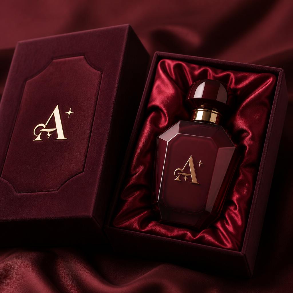 علبة عطر عنابي مع علبة تغليف قطيفة برغاندي وحرير أحمر مداخل عاذليها لوغو A✨️
photorealistic fashion design, علبة عطر عنابي مع علبة تغليف قطيفة برغاندي وحرير أحمر مداخل عاذليها لوغو A✨️, just the design no text