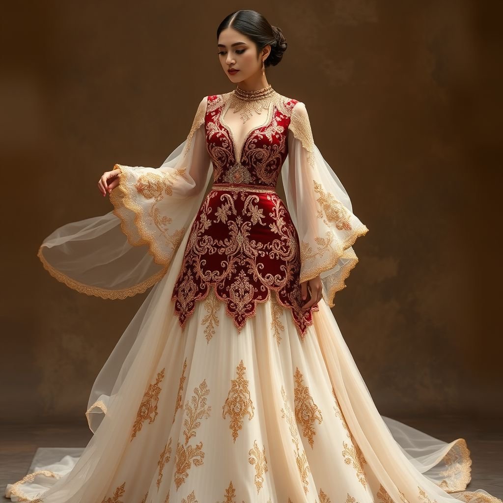 Ethereal wedding gown blended with morrocan and Indian style together with Somali shash red velvet
Design an ethereal wedding gown featuring flowing layers of silk and lace, merging intricate Moroccan embroidery with vibrant Indian motifs. The bodice elegantly showcases Somali shash red velvet, adorned with delicate gold threads. Sleeves billow softly, and the flowing train glimmers with ornamental beadwork, creating a harmonious fusion of cultures and elegance.