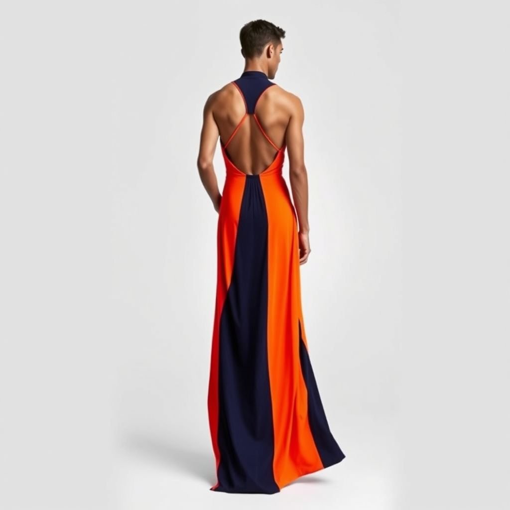 Racer back maxi dress for a man
Sporty elegance defines the racer back maxi dress for men. Structured silhouette with bold color blocking in deep navy and electric orange. Sleek, lightweight fabric cascading to the ankles, exuding effortless movement. High neckline contrasts the daring back cut. Ideal for summer festivals, an avant-garde fusion of comfort and contemporary style.