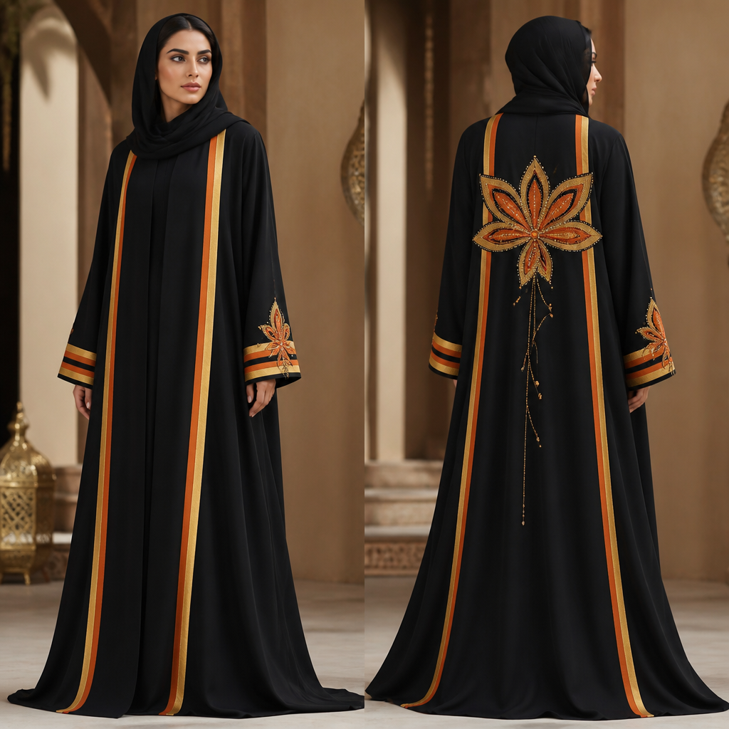 A luxurious Emirati black abaya with an elegant flowing silhouette and matte black fabric. Add two vertical decorative ribbons running from the shoulder down to the bottom of the abaya: one burnt orange and one warm golden yellow. Use the same orange and yellow ribbons on the sleeves.
Add a small elegant flower on one sleeve, made with the same orange and yellow colors and decorated with delicate matching beads.
On the center back of the abaya, create one large statement flower using the same burnt orange and golden yellow ribbons, decorated with refined beadwork.
The overall design should feel authentically Emirati, inspired by traditional Emirati fashion and heritage, but interpreted in a modern, sophisticated and luxurious couture style. Minimal, elegant, feminine and high-end. Show both the front and back of the abaya on an elegant female model.
photorealistic fashion design, A luxurious Emirati black abaya with an elegant flowing silhouette and matte black fabric. Add two vertical decorative ribbons running from the shoulder down to the bottom of the abaya: one burnt orange and one warm golden yellow. Use the same orange and yellow ribbons on the sleeves.
Add a small elegant flower on one sleeve, made with the same orange and yellow colors and decorated with delicate matching beads.
On the center back of the abaya, create one large statement flower using the same burnt orange and golden yellow ribbons, decorated with refined beadwork.
The overall design should feel authentically Emirati, inspired by traditional Emirati fashion and heritage, but interpreted in a modern, sophisticated and luxurious couture style. Minimal, elegant, feminine and high-end. Show both the front and back of the abaya on an elegant female model., just the design no text, show front and back