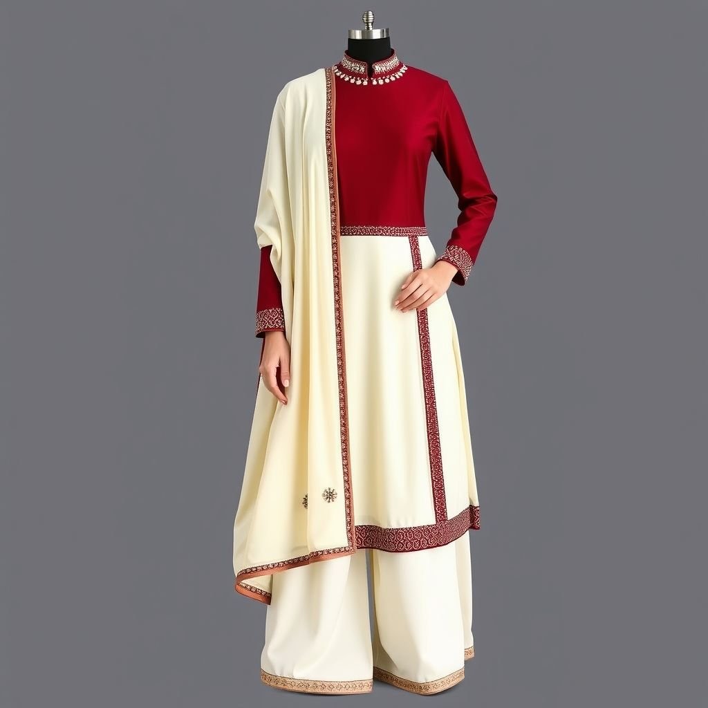 maroon and off white combination salwar suit pants should be a palazzo sleeves are long fitted neck is collor top is majorly maroon and shawl is off white very minimal sophisticated stone work on shawl and neck portion of top give a full picture
Design a stunning maroon and off-white salwar suit featuring elegant palazzo pants. The top is a fitted collar neck adorned with subtle, sophisticated stone work along the neckline and hem. Long sleeves exude grace, while the off-white shawl drapes beautifully, embellished with minimalistic stone accents that enhance the ensemble’s luxurious allure.