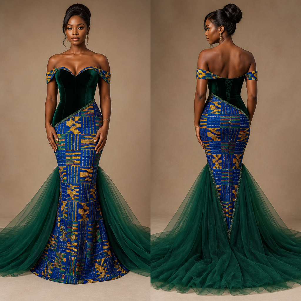 Mermaid dress with a Green velvet corset top , sweetheart neckline and mostly blue and less yellow with very minimal green and red Nkrumah kente from the waist downwards.
The kente also running along the neckline with kente off-shoulder sleeves .The trail attached in an inverted v shape at the level of the knees also made from green tulle only.
The connection between the velvet and kente is oblique to right side at the level of the wait and hips.
photorealistic fashion design, Mermaid dress with a Green velvet corset top , sweetheart neckline and mostly blue and less yellow with very minimal green and red Nkrumah kente from the waist downwards.
The kente also running along the neckline with kente off-shoulder sleeves .The trail attached in an inverted v shape at the level of the knees also made from green tulle only.
The connection between the velvet and kente is oblique to right side at the level of the wait and hips. , just the design no text, show front and back