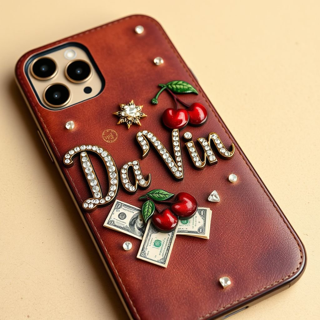 iPhone 13 Pro Max phone case with “Da’Vine” on it. With rhinestones and cherries and money
Design a vintage-inspired iPhone 13 Pro Max phone case showcasing the word “Da’Vine” in elegant, retro typography. Adorn the case with shimmering rhinestones, hand-painted cherry motifs, and dollar bills in an artful arrangement. Infuse the design with rich, muted colors and a worn leather texture for an authentic vintage flair.