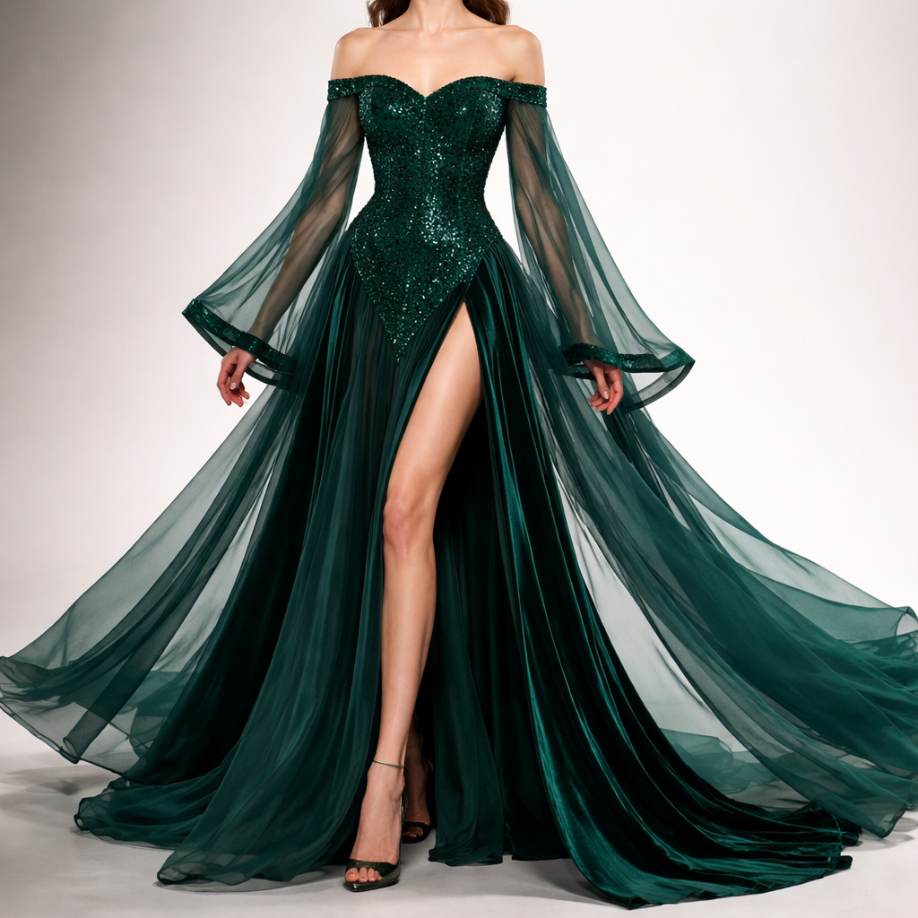 Elegant emerald green off-shoulder evening gown, fitted sparkling bodice, sheer asymmetrical chiffon overlay skirt with high slit, long translucent bell sleeves, dark green velvet trim and dramatic side panels, flowing fabric, haute couture, realistic textures, studio lighting, runway fashion
Elegant emerald green off-shoulder evening gown, fitted sparkling bodice, sheer asymmetrical chiffon overlay skirt with high slit, long translucent bell sleeves, dark green velvet trim and dramatic side panels, flowing fabric, haute couture, realistic textures, studio lighting, runway fashion