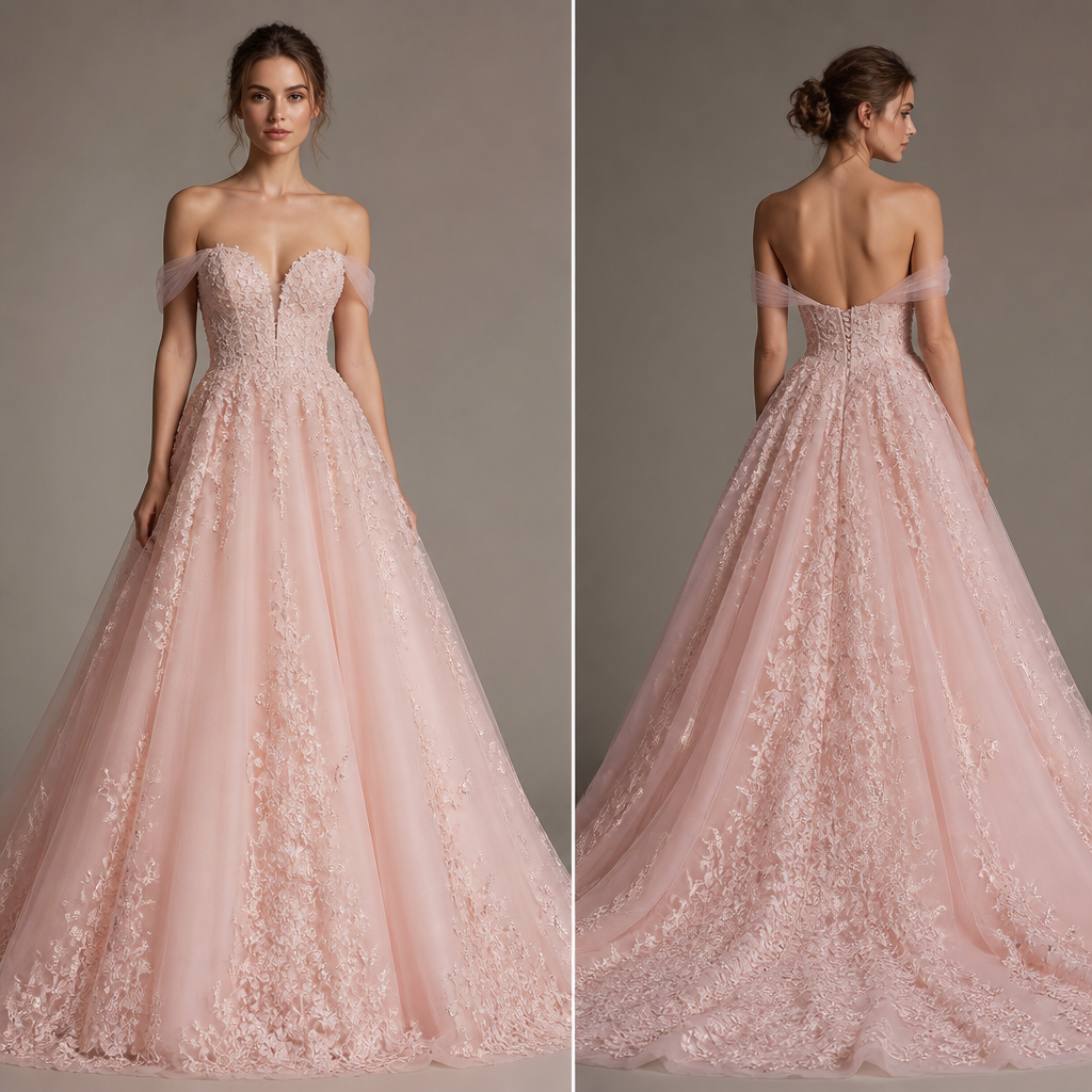 Pink wedding dress
photorealistic fashion design, Pink wedding dress, formal style, just the design no text, show front and back