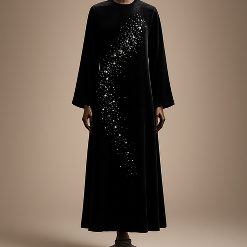 Air هنا —! هذه 7ومبتات منف بالإنجليزية، برومبت لعرض التصميم على مانيكان خشبي فاخر وصورة كاملة حتى الكاحل. انسخي كل برومبت لاستخدامه في Midjourney أو Stable Diffusion (أسفل كل برومبت إضافة مقترحة للباراميترات).

1) Constellation cascade
Photorealistic full-length black velvet ankle-length abaya on a luxurious polished dark-walnut wooden mannequin with carved pedestal, ankle visible; diagonal "constellation" cascade from right shoulder to left hip made of clustered Swarovski crystals (ss30 focal "stars", ss16 & ss10 fill, mix of Crystal AB and Jet), some small crystal clusters suspended on fine transparent threads for subtle motion. Studio: soft key light + gentle rim light to highlight velvet pile and crystal sparkle, neutral warm-beige gradient background, soft floor shadow, 50mm look, ultra high-detail, cinematic photorealism. (Midjourney: --ar 2:3 --v 5 --q 2)  

2) Removable 3D roses panel
Photorealistic full-length black velvet ankle-length abaya on a luxurious polished dark-walnut wooden mannequin with carved pedestal, ankle visible; detachable 3D rose panel at left chest and shoulder made from layered Swarovski chatons and pear teardrop crystals in tonal blacks and clear crystal highlights, panel attached with discreet fabric panel/hidden snaps. Studio: soft diffuse key + subtle rim to reveal depth of roses and velvet texture, clean neutral gray gradient background, high-resolution detail, cinematic. (Midjourney: --ar 2:3 --v 5 --q 2)

3) Geometric tessellation
Photorealistic full-length black velvet ankle-length abaya on a luxurious polished dark-walnut wooden mannequin with carved pedestal, ankle visible; precise geometric tessellated pattern across front torso and lower hem composed of small Swarovski Hematite and clear crystals (ss10 & ss16), uniform 0.8–1 cm spacing creating modern mosaic effect. Studio: focused soft key with side rim to emphasize geometry and reflections, neutral warm-gray gradient background, high-detail photorealism. (Midjourney: --ar 2:3 --v 5 --q 2)

4) Calligraphic line
Photorealistic full-length black velvet ankle-length abaya on a luxurious polished dark-walnut wooden mannequin with carved pedestal, ankle visible; elegant Arabic calligraphic motif across the chest or upper back embroidered in thin metallic gold thread and outlined with a line of small Swarovski ss10 crystals for a glowing calligraphic outline, tasteful and centered. Studio: soft warm key + delicate rim light to lift the gold and crystal highlights, neutral beige gradient background, ultra crisp fabric texture, high-resolution. (Midjourney: --ar 2:3 --v 5 --q 2)

5) Gradient ombré sparkle
Photorealistic full-length black velvet ankle-length abaya on a luxurious polished dark-walnut wooden mannequin with carved pedestal, ankle visible; ombré crystal gradient starting dense at hem with large ss30 and ss16 Swarovski crystals, gradually thinning to ss10 toward mid-thigh, creating flowing shimmer on movement. Studio: low-angle soft key + rim to accentuate falling sparkle and velvet pile, neutral warm-gray gradient background, cinematic high-detail. (Midjourney: --ar 2:3 --v 5 --q 2)

6) Illusion lace with matte black accents
Photorealistic full-length black velvet ankle-length abaya on a luxurious polished dark-walnut wooden mannequin with carved pedestal, ankle visible; illusion "lace" panel effect made from sheer black chiffon overlay decorated with a mix of matte black and glossy black Swarovski crystals in arabesque patterns, scattered bright clear crystals for contrast—delicate, lace-like but modern. Studio: soft diffuse key + close rim to reveal layering and texture, neutral soft-gray background, high-resolution photorealism. (Midjourney: --ar 2:3 --v 5 --q 2)

7) Hidden sparkle with detachable accents
Photorealistic full-length black velvet ankle-length abaya on a luxurious polished dark-walnut wooden mannequin with carved pedestal, ankle visible; minimalist exterior with concealed sparkling details: inner placket, cuff lining and inner hem richly lined with Swarovski crystals (ss16/ss10) plus detachable jeweled cuff and collar accents for transformable styling. Studio: three-quarter soft key + rim to hint hidden sparkle when slightly open, neutral beige gradient background, high-detail cinematic look. (Midjourney: --ar 2:3 --v 5 --q 2)