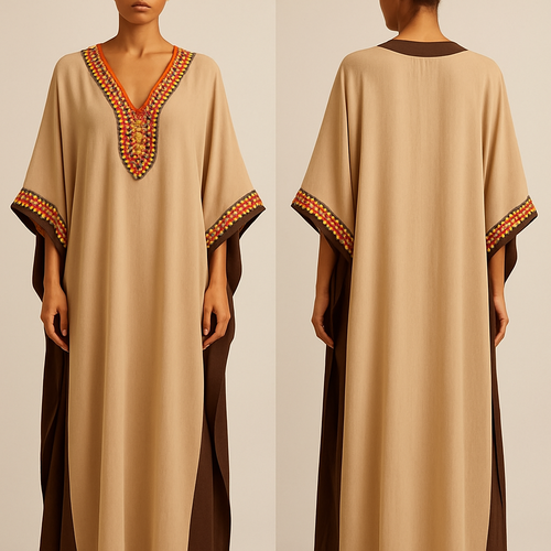 A stylish kaftan with beige and chocolate brown color with orange, pink, and green beads at the the neck line and the edges of the sleeve 