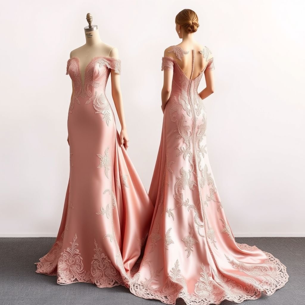 Create rose gold gown from satin and gupure materials
Design an ethereal rose gold gown, blending luxurious satin and intricate gupure lace. The silhouette features a fitted bodice transitioning into a flowing A-line skirt, adorned with delicate floral motifs. Accentuate the off-shoulder neckline with lace overlays, and finish with a shimmering satin train that catches the light elegantly as it moves.