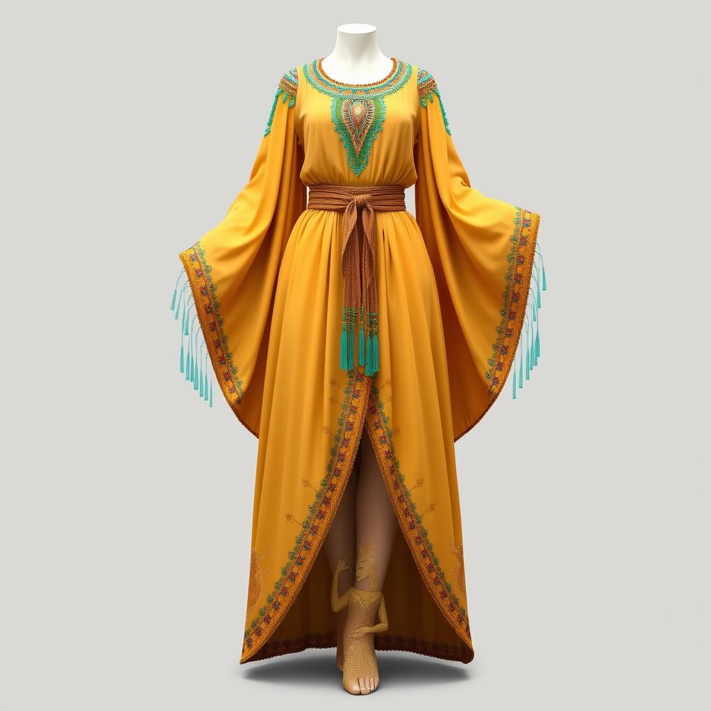 فستان سومري انثوي
A flowing Sumerian-inspired gown, featuring intricate beadwork and vibrant turquoise hues. The dress has elegant, draped sleeves that cascade gracefully from the shoulders, while a high-low hemline accentuates delicate, gold-embroidered motifs of ancient deities. Cinched at the waist with a woven belt, it exudes a blend of history and femininity.