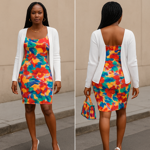 Black woman 
Braids
Gold jewelry
 Colorful sundress fitted 
White cardigan white heels 
Colorful purse 
