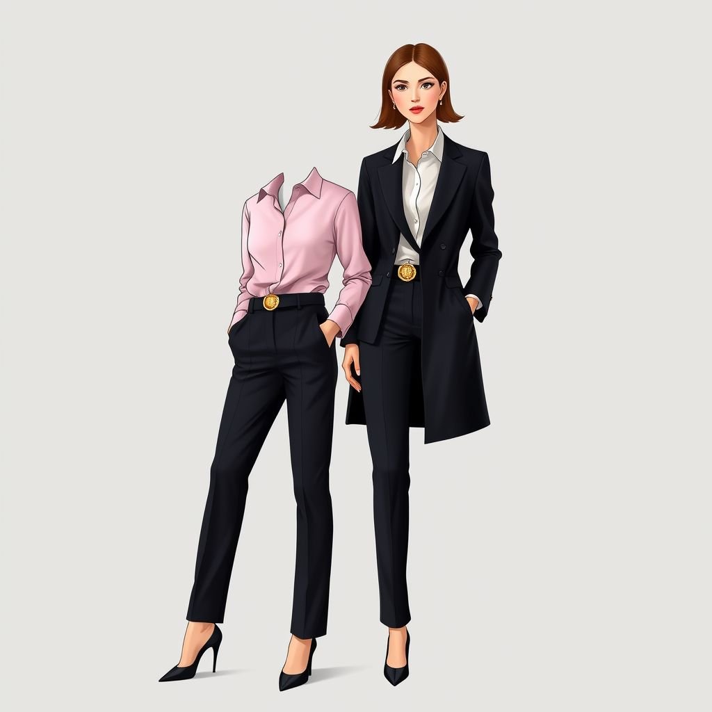 Make a outfit like light pink shirt and style it with black heigh waist pant and black ling coat and tie a black belt with gold batch
Design a sophisticated business ensemble featuring a light pink tailored shirt, perfectly complemented by high-waisted black trousers that elongate the legs. Layer with a sleek, tailored black long coat for authority. Accessorize with a chic black belt adorned with a gold badge, infusing elegance and professionalism into a modern workplace wardrobe.