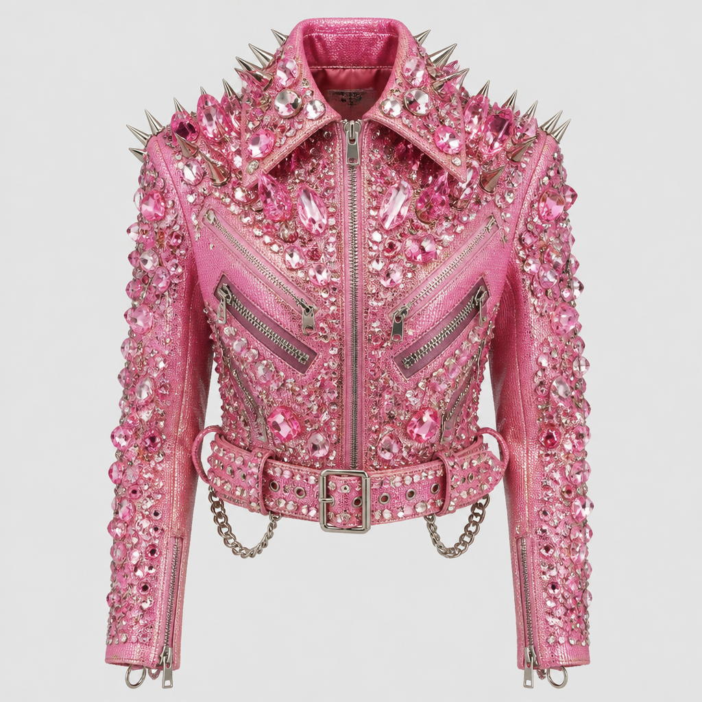 Pink with toons of crystals
photorealistic fashion design, Pink with toons of crystals , punk style, just the design no text
