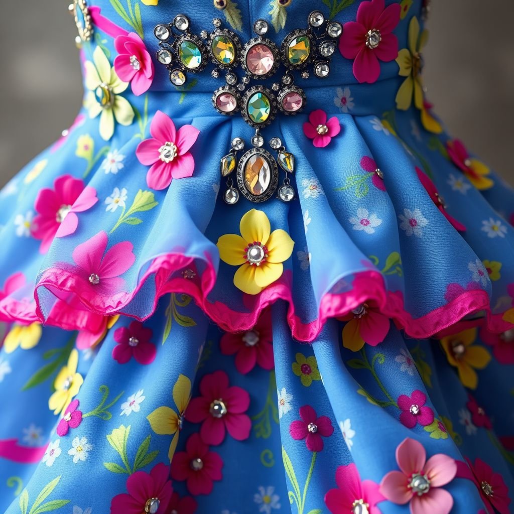 Blue floral dress with stones and embellishments
Design an enchanting blue floral dress adorned with vibrant stones and whimsical embellishments. The fabric bursts with a kaleidoscope of colors, featuring bright hues like fuchsia, lime green, and sunny yellow intertwined with the delicate blue floral patterns. Incorporate flowing layers and playful ruffles, creating a lively, eye-catching masterpiece that dances with every movement.