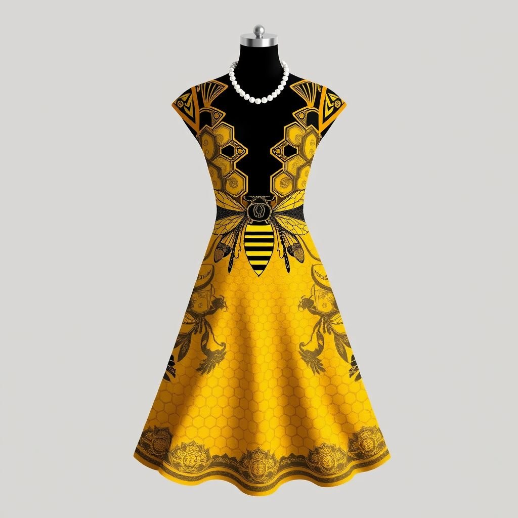 A honey bee & honey comb themed spring day dress.
Design a captivating Art Deco-inspired spring day dress featuring an intricate honey bee and honeycomb motif. Envision geometric patterns and bold lines, with a flattering silhouette that flows gracefully. Incorporate rich golds and vibrant yellows, complemented by elegant pearl accents. The dress should evoke the luxurious opulence of the roaring twenties.
