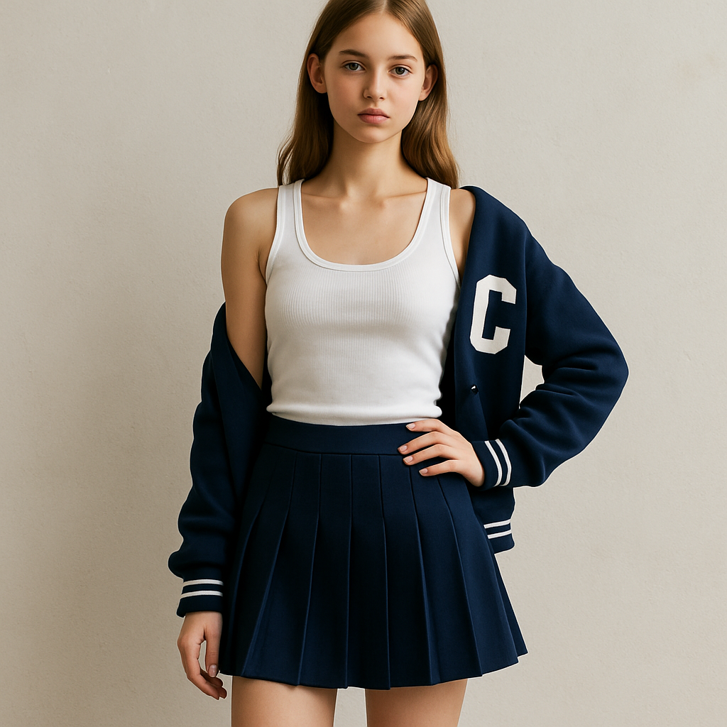 Un fille en jupe court et débardeur blanc
Un fille en jupe court et débardeur blanc
, collegiate style