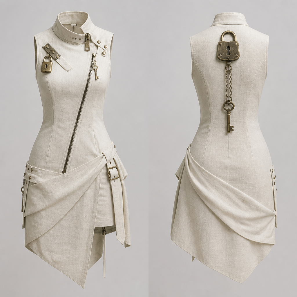 A Dress design, made of Linen, for Streetwear, suitable for Summer, in Biker + Luxury + Designer style. Lock and key design
photorealistic fashion design, A Dress design, made of Linen, for Streetwear, suitable for Summer, in Biker + Luxury + Designer style. Lock and key design, biker style, just the design no text, show front and back