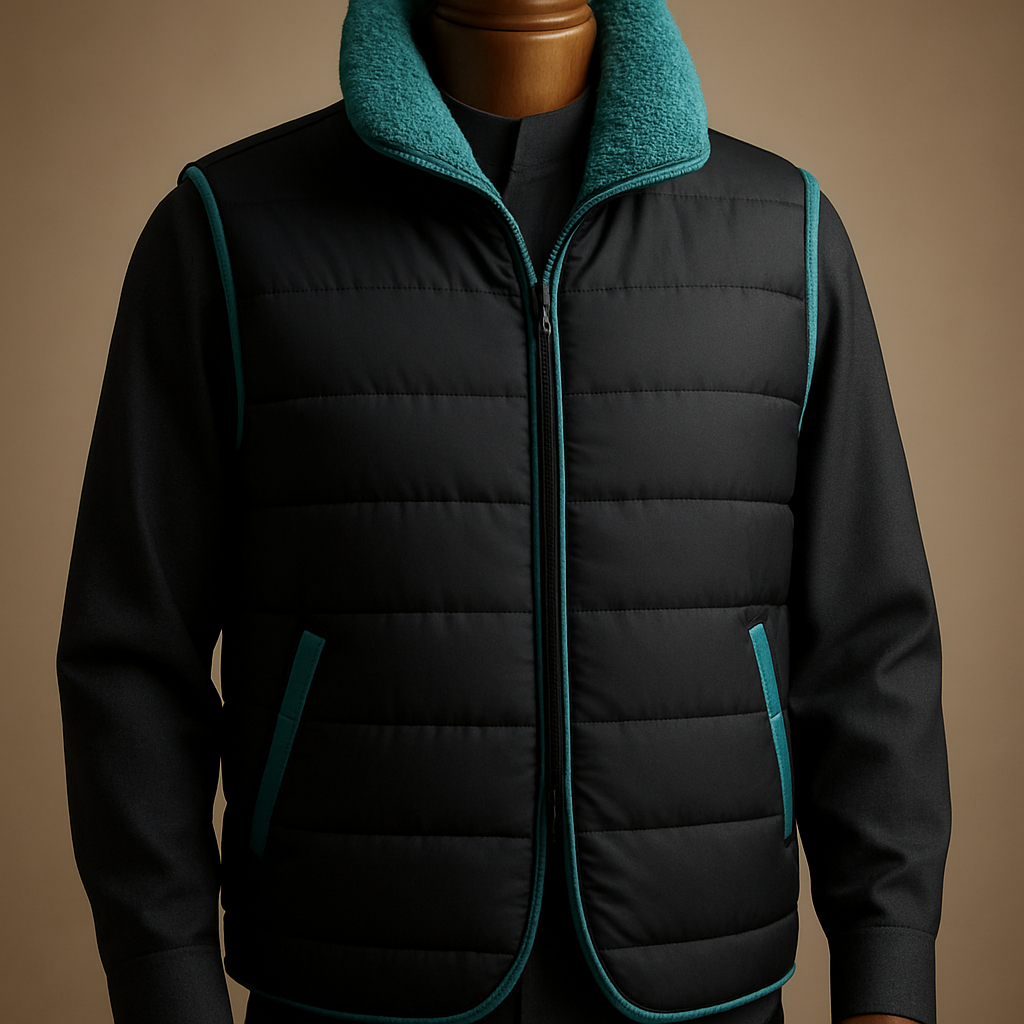 
Photorealistic commercial product shot of an original men's reversible quilted vest on a premium polished wooden full‑torso mannequin. Primary side: very deep matte black with horizontal channel quilting; accent trims and pocket edges slightly desaturated turquoise (HEX #46C9C1). Collar: lowered funnel collar, turned up and neatly styled to clearly show sheep‑shearling fleece pile — additionally, the collar edge is finished with a pronounced stuffed turquoise shearling trim forming a continuous padded ring around the collar to make the fur pile visibly raised and plush. Shearling color: slightly desaturated turquoise (HEX #46C9C1). Fastening: fully concealed matte black zipper, no buttons. Features: horizontal quilting, subtle asymmetrical hem, refined stitch details, realistic fabric texture. Styling: worn over a dark charcoal Saudi thobe, posed on a luxurious polished wooden mannequin. Lighting: studio luxury catalogue lighting — soft directional key light from left, gentle rim light from right, neutral warm backdrop, shallow depth of field. Camera: 85mm equivalent, f/4, high detail, ultra‑realistic commercial product photography. No logos, no text, no watermark, not a replica.

Negative prompt:
lowres, watermark, text, logo, signature, oversaturated, cartoon, painterly, deformed anatomy, extra limbs, blurred, noisy, unnatural color casts

Suggested generation settings:
- Sampler: DPM++ or Euler a  
- Steps: 20–30  
- Guidance / CFG scale: 7–9  
- Resolution: 1024x1536 (portrait/full‑torso)  
- Use high-detail / texture enhancement if available to emphasize shearling pile


Photorealistic commercial product shot of an original men's reversible quilted vest on a premium polished wooden full‑torso mannequin. Primary side: very deep matte black with horizontal channel quilting; accent trims and pocket edges slightly desaturated turquoise (HEX #46C9C1). Collar: lowered funnel collar, turned up and neatly styled to clearly show sheep‑shearling fleece pile — additionally, the collar edge is finished with a pronounced stuffed turquoise shearling trim forming a continuous padded ring around the collar to make the fur pile visibly raised and plush. Shearling color: slightly desaturated turquoise (HEX #46C9C1). Fastening: fully concealed matte black zipper, no buttons. Features: horizontal quilting, subtle asymmetrical hem, refined stitch details, realistic fabric texture. Styling: worn over a dark charcoal Saudi thobe, posed on a luxurious polished wooden mannequin. Lighting: studio luxury catalogue lighting — soft directional key light from left, gentle rim light from right, neutral warm backdrop, shallow depth of field. Camera: 85mm equivalent, f/4, high detail, ultra‑realistic commercial product photography. No logos, no text, no watermark, not a replica.

Negative prompt:
lowres, watermark, text, logo, signature, oversaturated, cartoon, painterly, deformed anatomy, extra limbs, blurred, noisy, unnatural color casts

Suggested generation settings:
- Sampler: DPM++ or Euler a  
- Steps: 20–30  
- Guidance / CFG scale: 7–9  
- Resolution: 1024x1536 (portrait/full‑torso)  
- Use high-detail / texture enhancement if available to emphasize shearling pile