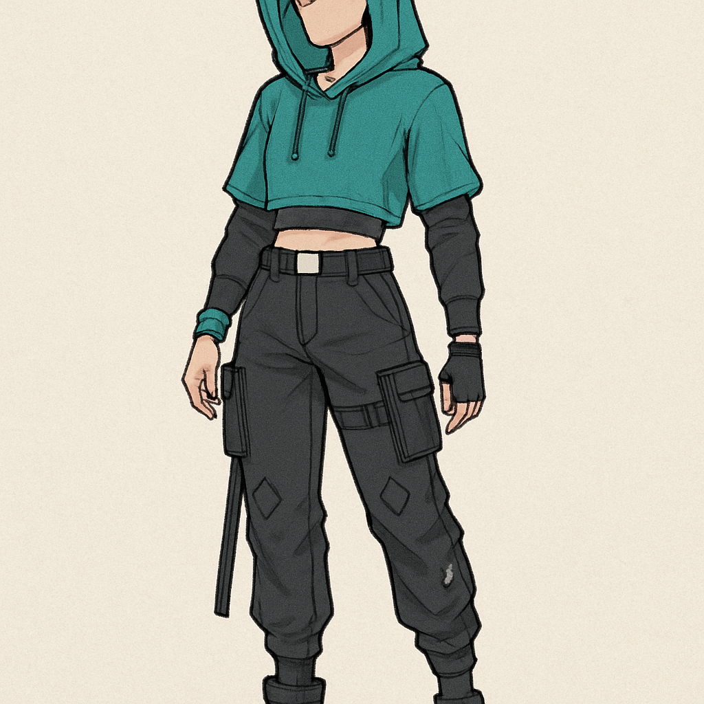 The image displays a character design featuring a modern, urban-style outfit. The attire is characterized by a mix of athletic and tactical elements, primarily in teal, black, and dark gray colors.
Top: The character wears a cropped, teal-colored hoodie with black long sleeves underneath. The inner layer is white or very light gray, visible at the neckline.
Bottoms: The character wears dark gray or black cargo-style pants. The pants feature several black straps, including one long strap hanging down the left leg.
Accessories: A black belt with a silver or white buckle is worn around the waist. There are diamond-shaped accents on the thighs and lower legs of the pants. A teal wristband is on the right wrist, and black wrist/arm bands are on both arms.
Footwear: The character wears black high-top sneakers with white soles.
Hair and Appearance: The character has short, light gray or white hair, partially covered by the hood. The face is not detailed.
The image displays a character design featuring a modern, urban-style outfit. The attire is characterized by a mix of athletic and tactical elements, primarily in teal, black, and dark gray colors.
Top: The character wears a cropped, teal-colored hoodie with black long sleeves underneath. The inner layer is white or very light gray, visible at the neckline.
Bottoms: The character wears dark gray or black cargo-style pants. The pants feature several black straps, including one long strap hanging down the left leg.
Accessories: A black belt with a silver or white buckle is worn around the waist. There are diamond-shaped accents on the thighs and lower legs of the pants. A teal wristband is on the right wrist, and black wrist/arm bands are on both arms.
Footwear: The character wears black high-top sneakers with white soles.
Hair and Appearance: The character has short, light gray or white hair, partially covered by the hood. The face is not detailed., urban style
