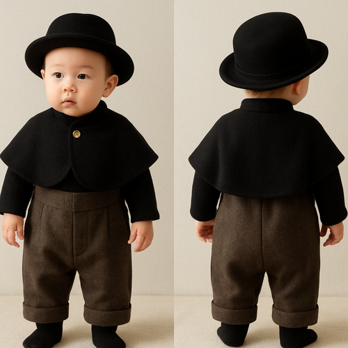 一歳男の子着用画
黒のハット、ポークハイ
黒の巻きの上にアンティークゴールドのボタンをつけて