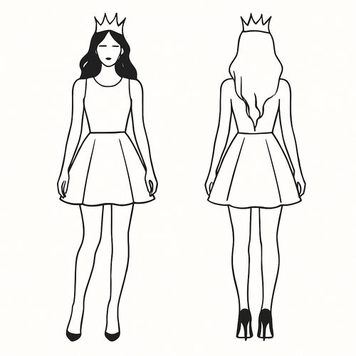 A girl with open hair, wearing a crown, pencil heels and a short party dress